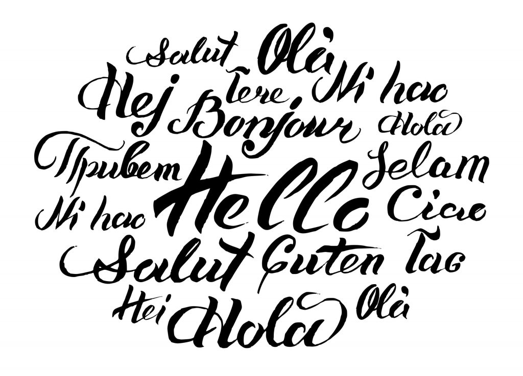 Vector hand lettering text Hello written in different languages. Brushed calligraphy of international welcome inscriptions