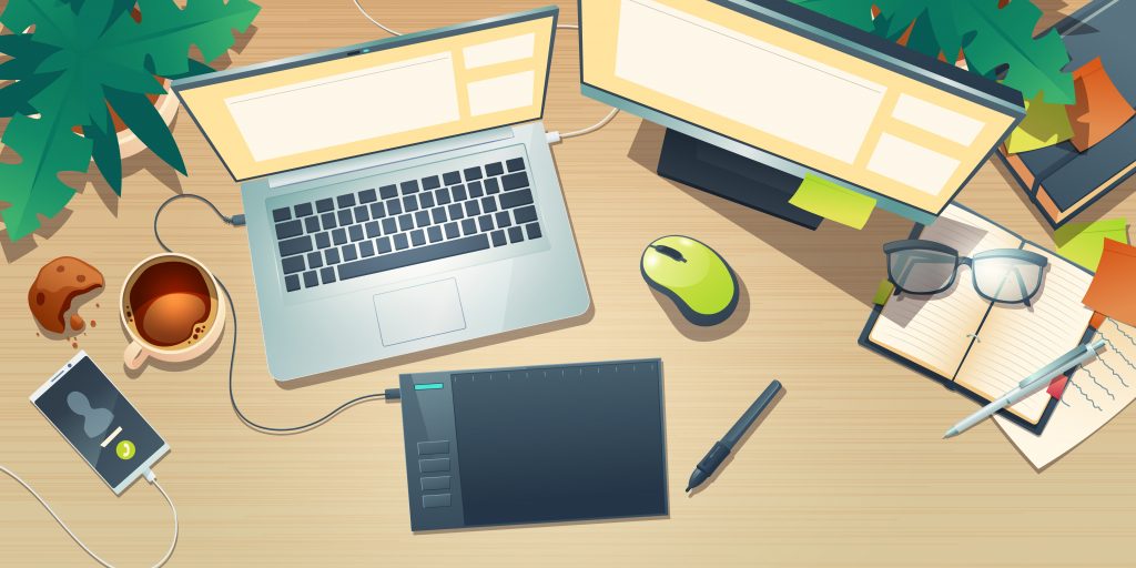 Top view of designer workspace with graphic tablet, laptop, monitor, coffee cup and plants on wooden table. Vector cartoon flat lay of creative artist workplace with mobile phone and notebook