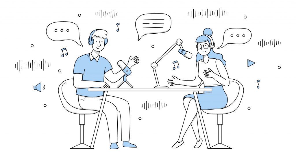 Podcast record, radio interview broadcast doodle concept. Dj characters wear headphones sitting in studio with microphones on desk, speaking with speech bubbles, Cartoon people vector illustration