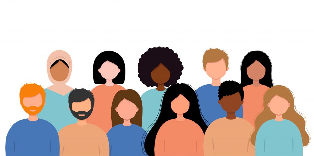 Peoples silhouette of different sexes and different ethnicity flat vector illustration