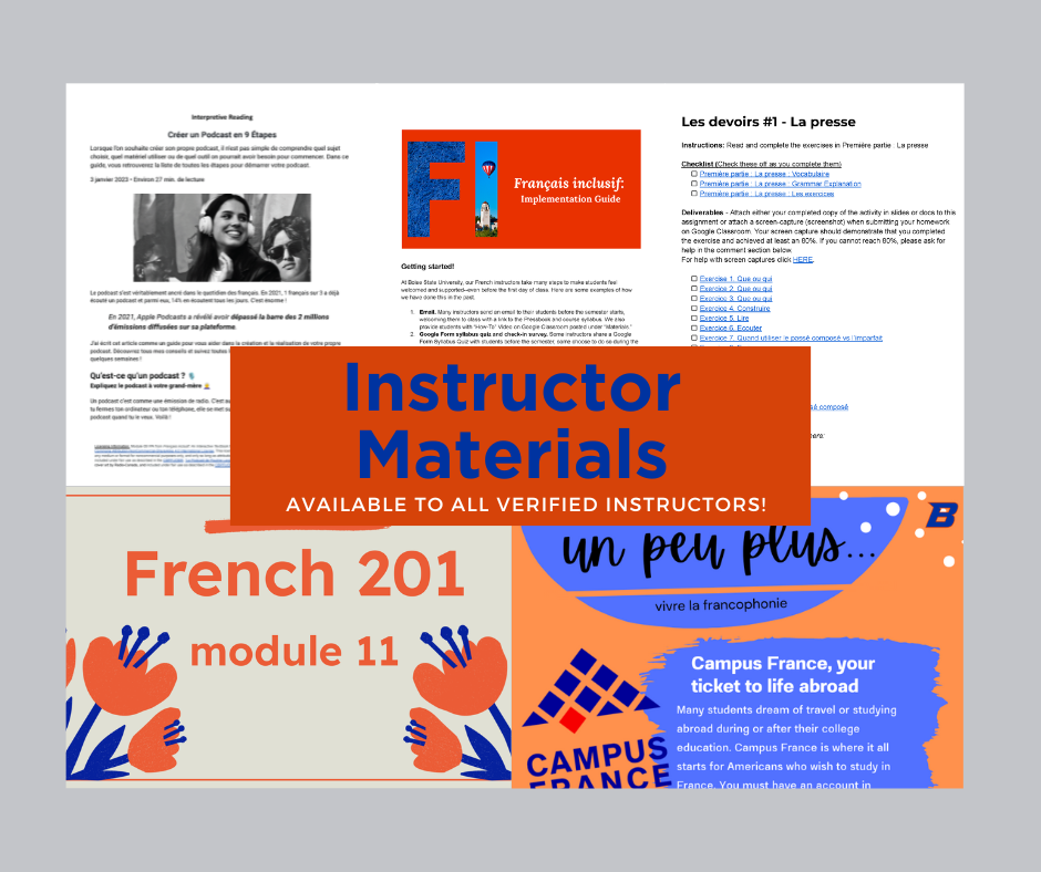 Collage of different instructional materials with text that says "instructor materials" available to all verified instructors.
