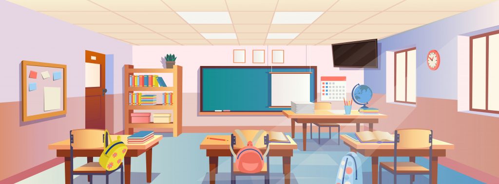 Cartoon classroom interior with view on blackboard school desks with chairs
