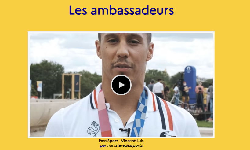 Les ambassadeurs screenshot of websitie with man and video button. Pass'sport - Vincent Luis par ministeredessports