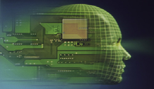 illustration of human mind fading into a computer chipset.