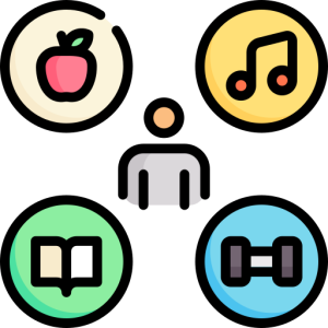 Graphics of an apple, music note, weight, and book surrounding a person