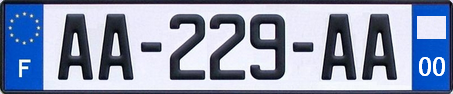 French vehicle registration plate with local reference to département 00 (from 2009): There is a regional logo at the top right and the number of the department below it.
