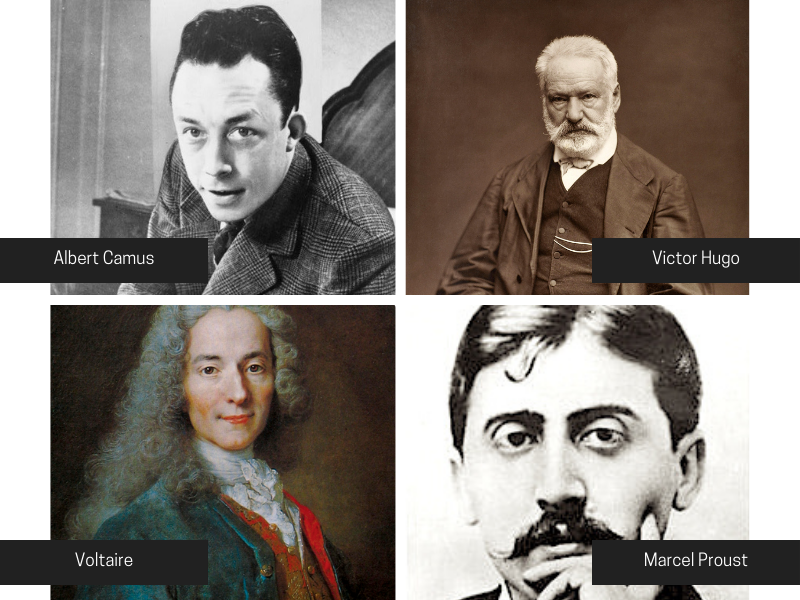 (Clockwise) Albert Camus, Victor Hugo, Marcel Proust, Volltaire Portraits