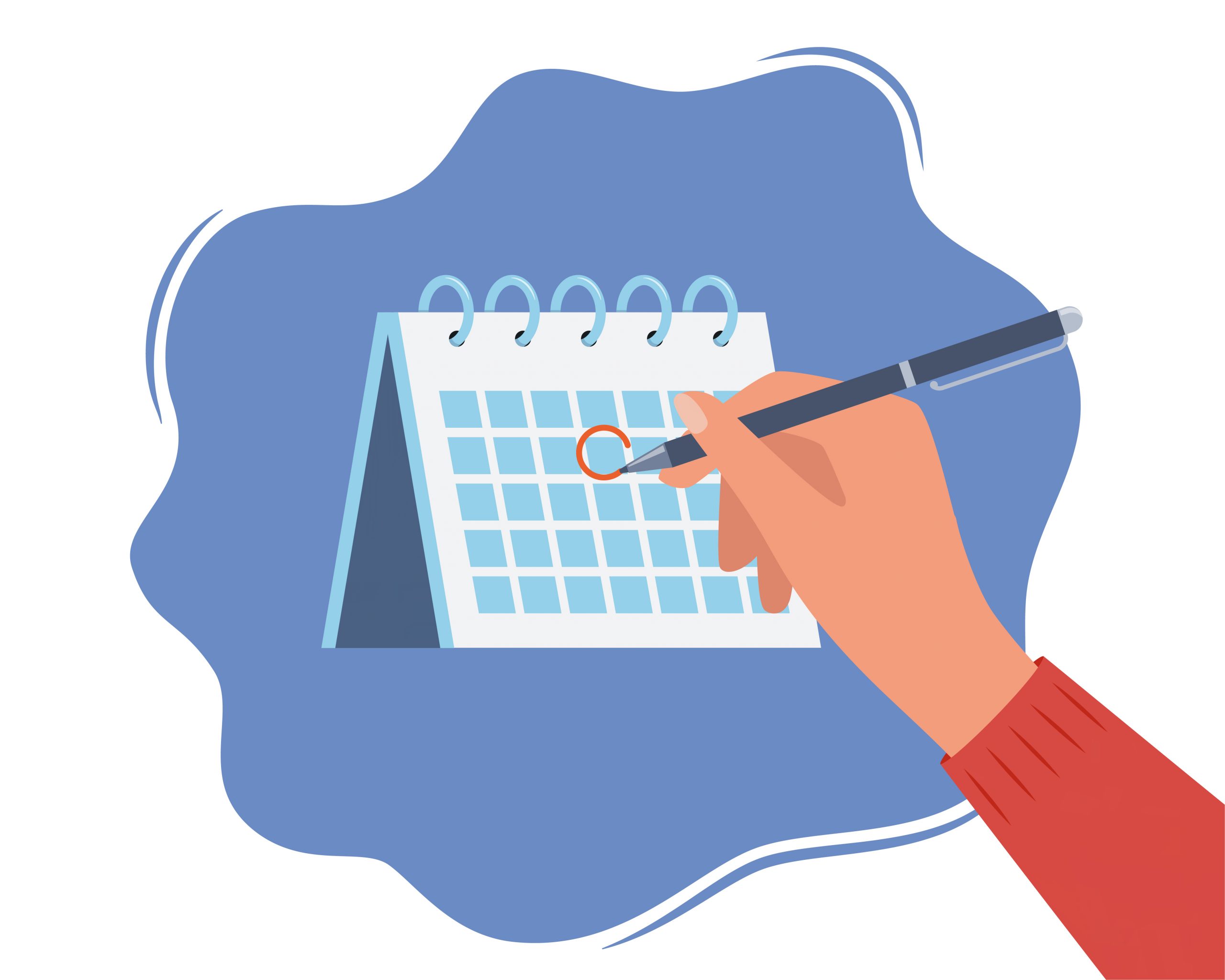 Hand with pen and calendar. Person draws red mark around a date in the calendar. Desktop calendar with a marked date. Mark calendar. Date circled. Deadline, event, important date. Vector illustration