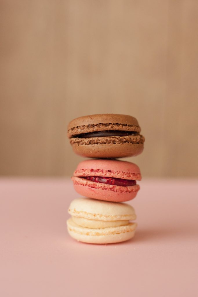 Three macarons stacked on top of one another