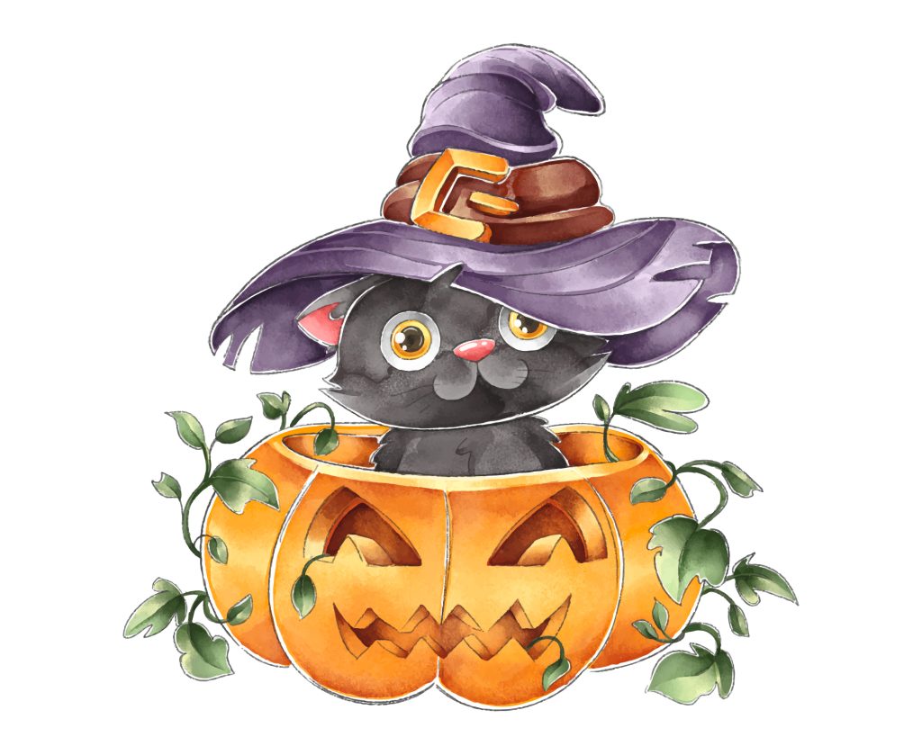 Cute watercolor halloween black cat with witch hat