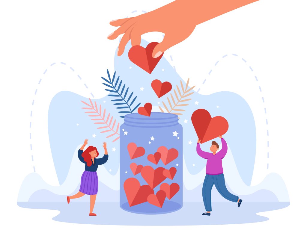 Hand of generous person putting heart in jar. Volunteers giving donations flat vector illustration. Charity, love, support, health, hope community concept for banner, website design or landing page