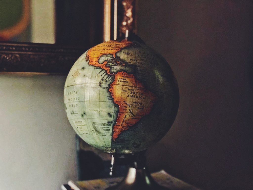 A globe showing South America