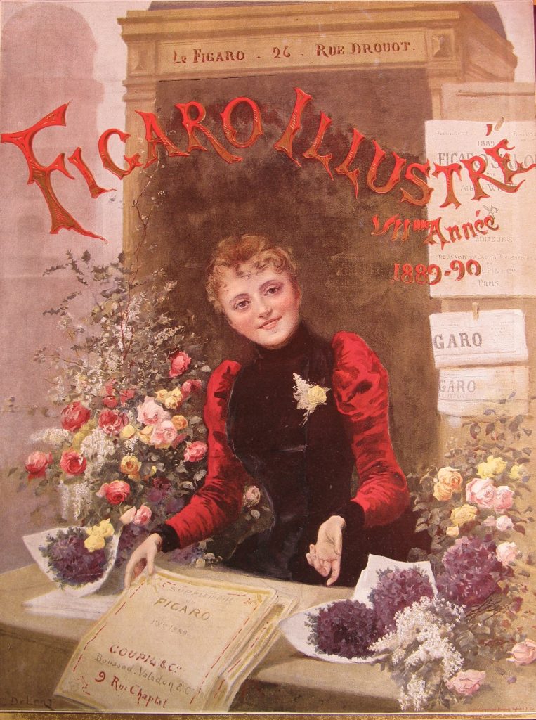 Illustration of woman selling Le Figaro in the late 19th century.
