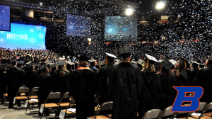 Photograph of a commencement ceremony held at Boise State University.