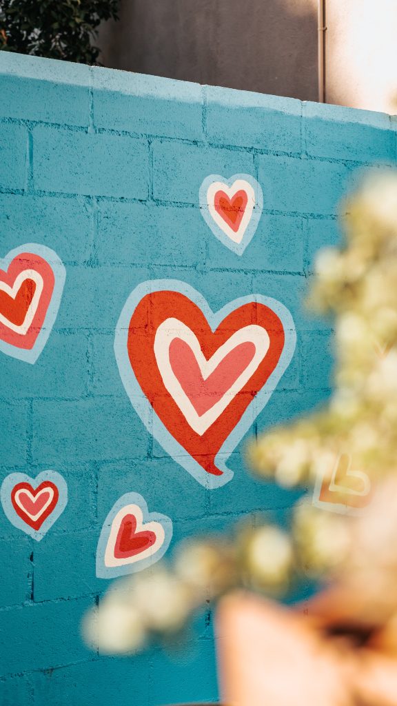 Blue wall with red and white hearts