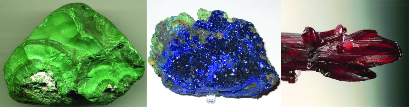 This figure contains three photos. The first is of a jade green mineral chunk with a darkened regions and a matte surface. The second is of a crystalline mineral chunk composed primarily of bright royal blue shiny crystals and some lighter blue crystalline regions. The third is of long red crystals.