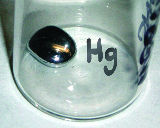 A jar labeled “H g” is shown with a small amount of liquid mercury in it.
