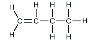 Figure A shows a structural diagram of four carbon atoms bonded together into a chain. The two carbon atoms on the left form a double bond with each other. All of the remaining carbon atoms form single bonds with each other. The leftmost carbon also forms single bonds with two hydrogen. The second carbon in the chain forms a single bond with a hydrogen atom. The third carbon in the chain forms a single bond with two hydrogen atoms each. The rightmost carbon forms a single bond with three hydrogen atoms each.