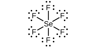 A Lewis structure shows a selenium atom single bonded to six fluorine atoms, each with three lone pairs of electrons.