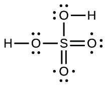 A Lewis structure shows a hydrogen atom single bonded to an oxygen atom with two lone pairs of electrons. The oxygen atom is single bonded to a sulfur atom. The sulfur atom is double bonded to two oxygen atoms, each of which have three lone pairs of electrons, and single bonded to an oxygen atom with two lone pairs of electrons. This oxygen atom is single bonded to a hydrogen atom.
