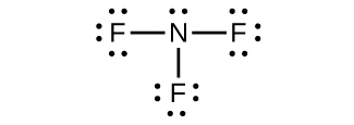 This Lewis structure shows a nitrogen atom, with one lone pair of electrons, single bonded to three fluorine atoms. Each fluorine atom has three lone pairs of electrons.