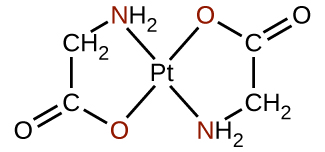 A structure is shown. At the center of this structure is an P t atom. From this atom, two single bonds extend up and to the right and below and to the left to two O atoms which are shown in red. Similarly, two bonds extend up and to the left and down and to the right to N atoms in N H subscript 2 groups. The N atoms in these groups are in red. The N atoms are bonded to C H subscript 2 groups, which in turn are bonded to C atoms. These C atoms have doubly bonded O atoms bonded and oriented toward the outside of the structure. They are also singly bonded to the O atoms in the structure forming two rings connected by the central P t atom.