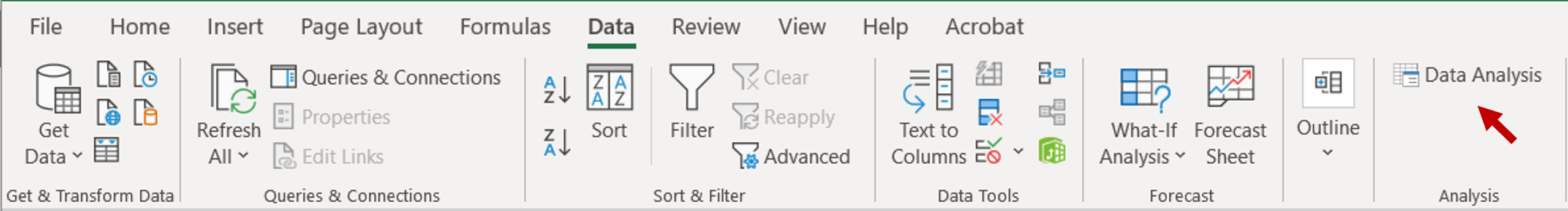 A screenshot of Excel menubar with a red arrow pointing at the Data Analysis tool