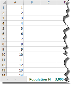 A screenshot of Excel file containing population members' IDs, listed in Column A and rows 1 - 13. A population of N = 3,000 is stated at the bottom of the screenshot.