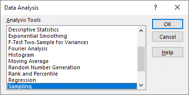 Excel's Data Analysis window with menu options including Descriptive Statistics, Exponential Smoothing, F-Test Two-Sample for Variances, Fourier Analysis, Histogram, Moving Average, Random Number Generation, Rank and Percentile, Regression, and Sampling. Sampling is selected.