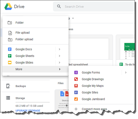 It illustrates the Google Drive dropdown menu items: Folder, File upload, Folder upload, Google Docs, Google Sheets, Google Slides, and More. The More option expands to show additional tools, including Google Forms, Google Drawings, Google My Maps, Google Sites, and Google Jamboard.