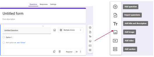 It illustrates a Google Form, currently untitled, that is ready for question design. It shows available features including Add question, Import questions, Add title and description, Add image, Add video, and Add section.