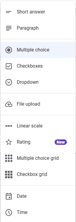 This screenshot presents the response types available in Google Form including Short answer, Paragraph, Multiple choice, Checkboxes, Dropdown, File upload, Linear scale, rating, Multiple choice grid, Checkbox grid, Date, and Time.