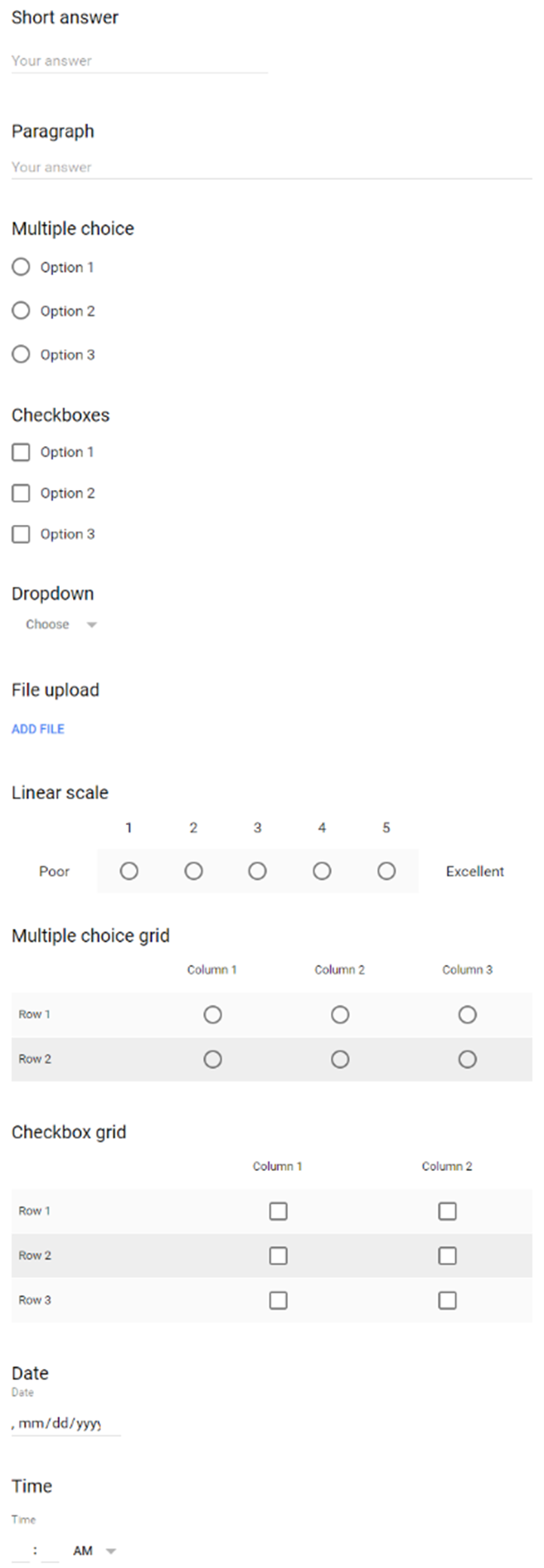 This screenshot shows a result of adding new survey questions using each of the response types available in Google Form including Short answer, Paragraph, Multiple choice, Checkboxes, Dropdown, File upload, Linear scale, rating, Multiple choice grid, Checkbox grid, Date, and Time.