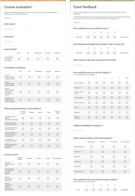 It presents a screenshot of a Course Evaluation template containing questions such as Class name (short answer), Instructor (short answer), Level of effort (5-point scale), Contribution to learning (5-point scale), Skill and responsiveness of the instructor (5-point scale), Course content (5-point scale). Similarly, another screenshot of Event Feedback template presents questions using 5-point and 4-point response scales.
