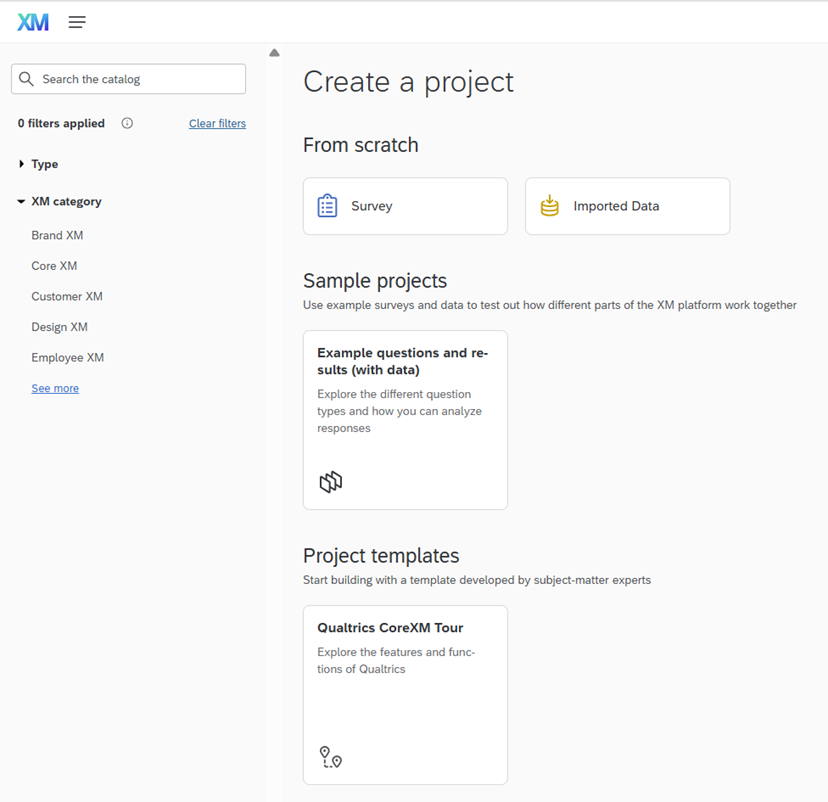 Qualtrics window which provides directions such as "Create a project - From scratch" and allow you to select "Survey" or "Imported Data", or under "Sample Projects", select "Example questions and reshuffle" or "Project templates".