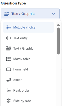 The screenshot shows options including Multiple choice, Text entry, Text/Graphic, Matrix table, Form field, Slide, Rank order, Side by Side.