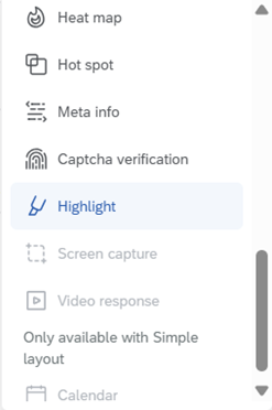 This screenshot shows options including Heat map, Hot spot, Meta info, Captcha verification, Highlight, Screen capture, Video response, and Online available with simple layout, Calendar.