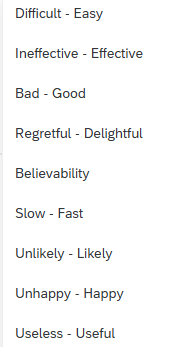 The screenshot shows options including Difficult-Easy, Ineffective-Effective, Bad-Good, Regretful-Delightful, Believability, Slow-Fast, Unlikely-Likely, Unhappy-Happy, and Useless-Useful.