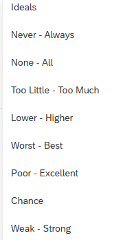 The screenshot shows options including Ideals, Never-Always, None-All, Too Little-Too Much, Lower-Higher, Worst-Best, Poor-Excellent, Chance, and Weak-Strong.