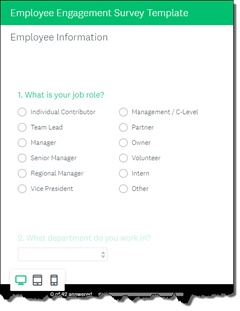A survey question "What is your job role?" with multiple options to choose from (e.g., Individual Contributor, Team Lead, Manager, Senior manager) that appear on a desktop computer screen. The multiple options are presented in two columns.