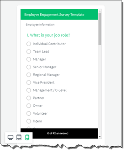 A survey question "What is your job role?" with multiple options to choose from (e.g., Individual Contributor, Team Lead, Manager, Senior manager) would appear on a cell phone screen. The multiple options are presented vertically.