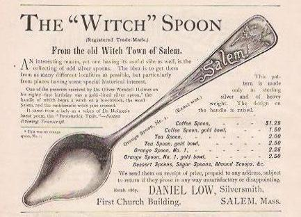 Old newspaper advertisement with the large image of a spoon positioned diagonally across the page and text written on both sides of the image.