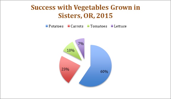 Pie Chart illustrating Success of Vegetables in Sisters, Oregon, 2015: 60 % Potatoes, 23% Carrots, 10% Tomatoes, 7% Lettuce