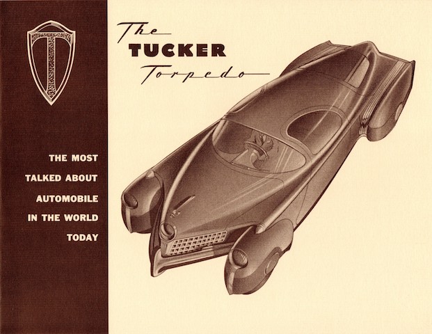 Advertisement for futuristic automobile. The image of the automobile is positioned diagonally across the majority of the page. The title of the car, "The Tucker Torpedo", is written above the image with the word "Tucker" bolded.