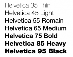 7 examples of Helevetica typeface shown from light to bold