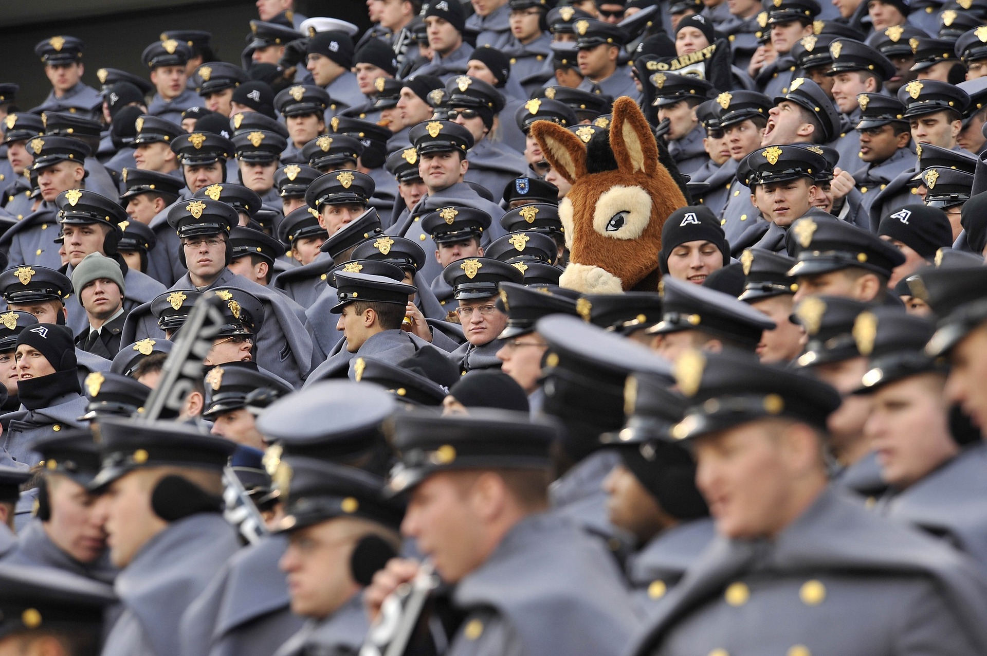 Large group of people in blue police uniforms with a large stuffed head of donkey in the middle of the crowd