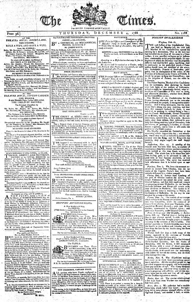 Page of 1788 newspaper. Small black print in four columns across the page. All of the text looks the same.