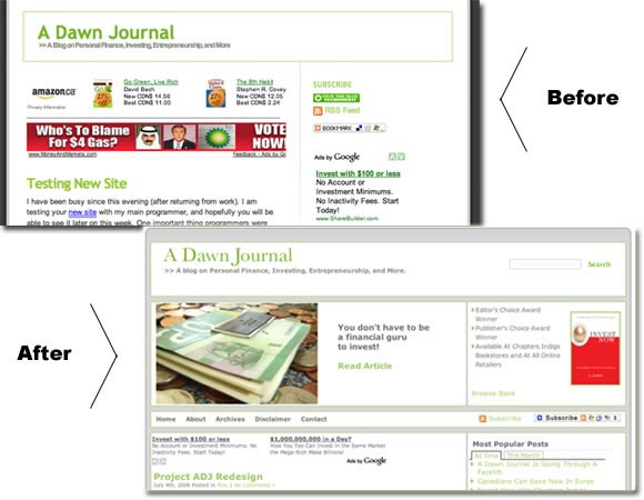 Two images of the same web page. Page labeled "Before" shows wide margins and spaces separating information. Page labeled "after" shows no margins and smoother separation between elements.