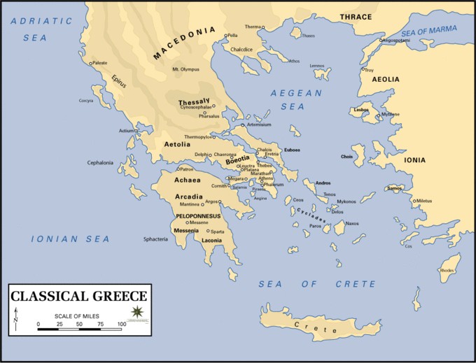 Map with pale blue Aegan Sea surrounded by brown land of Greece