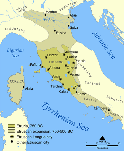 Map of blue Adriatic and Tyrrhenian Seas surrounding the land of Ertruria with marked cities